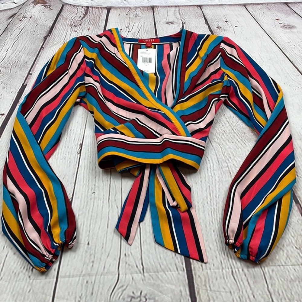 Guess long sleeve striped wrap cropped blouse XS